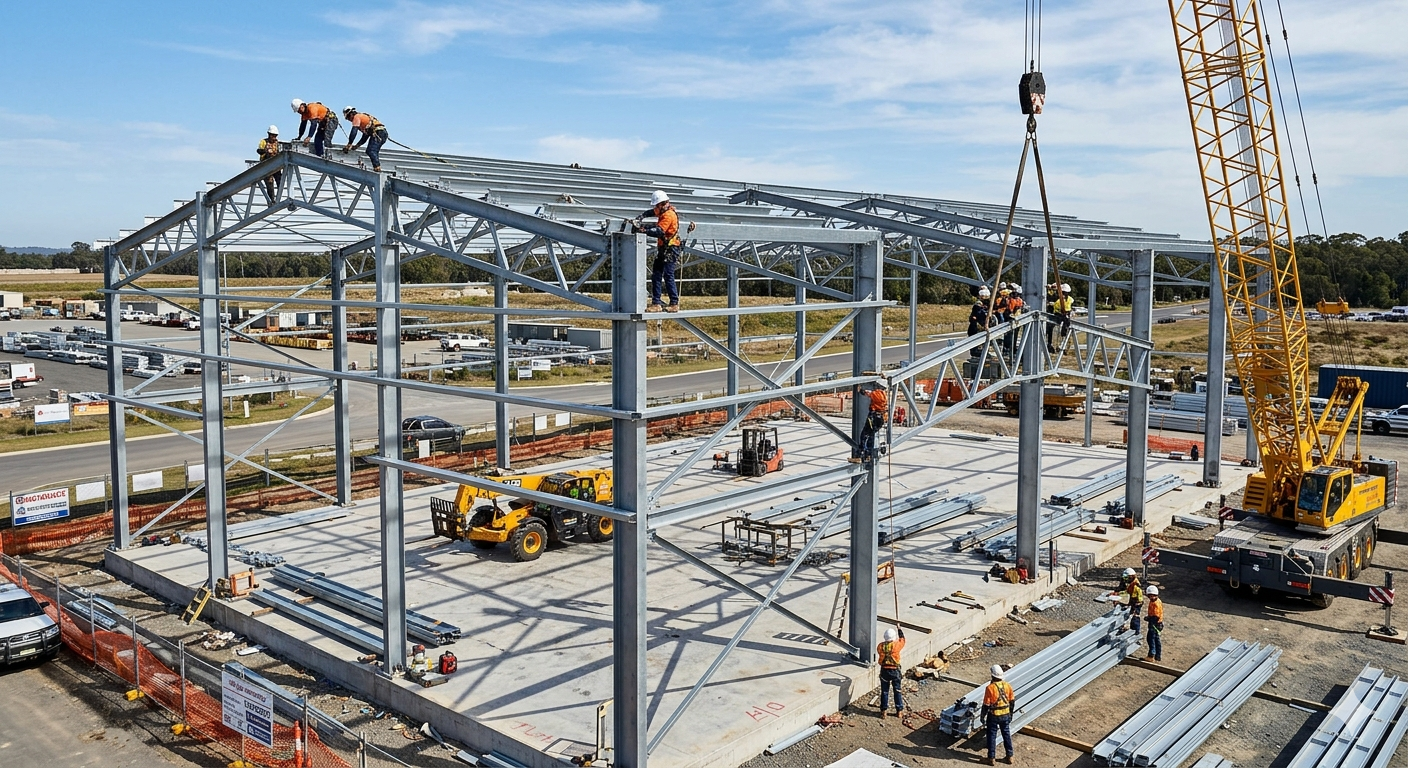 Steel shed structure under construction